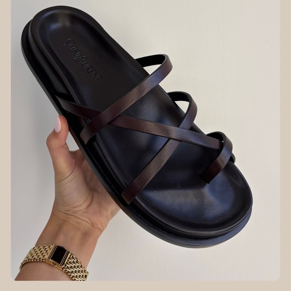 Saint Laurent Dark Brown and Black Strappy Slides - Picture 1 of 1